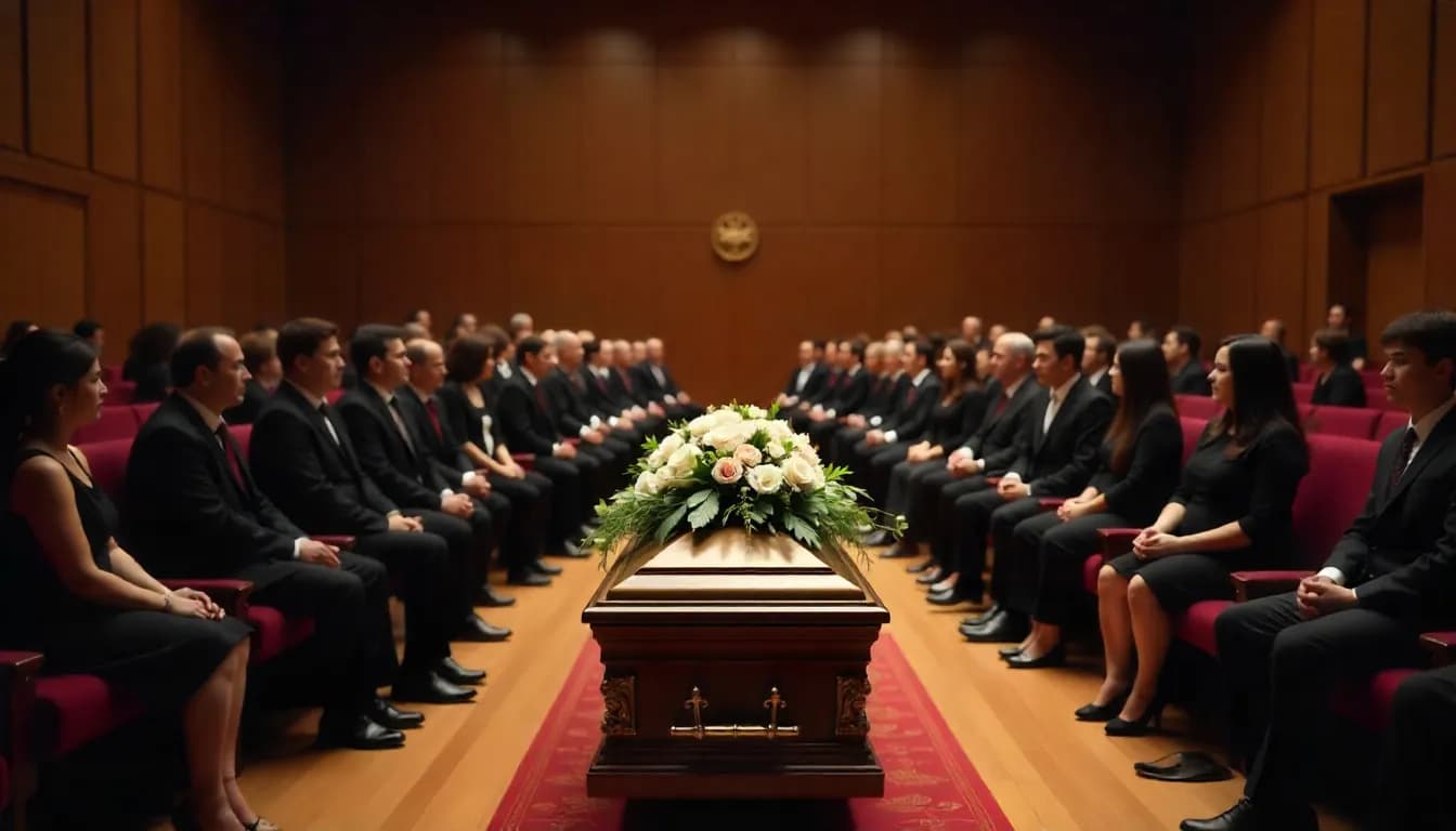 Funeral service with flowers on coffin